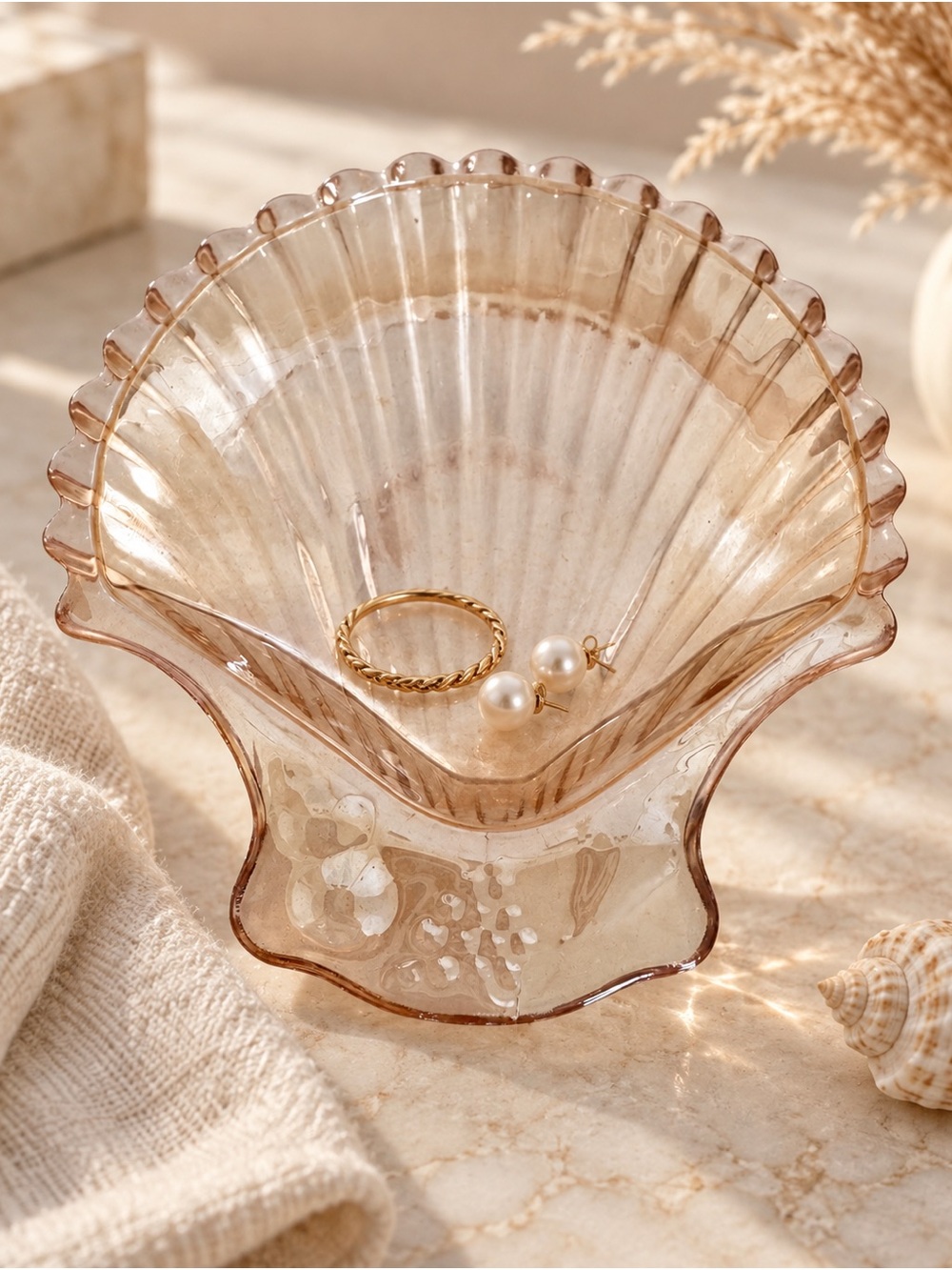 Vintage Blush Pink Glass Shell Dish Scallop Trinket Jewelry Coastal Decor Vanity